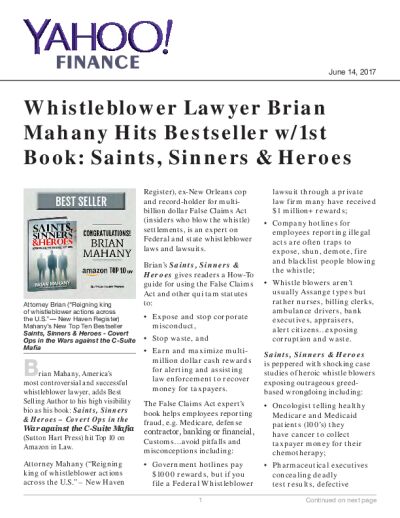 Whistleblower Lawyer Brian Mahany Hits Bestseller w/1st Book: Saints, Sinners & Heroes