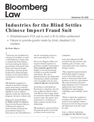 Industries for the Blind Settles Chinese Import Fraud Suit
