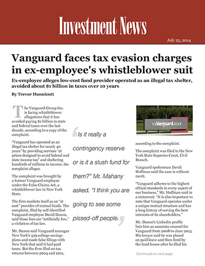 Vanguard faces tax evasion charges in ex-employee's whistleblower suit