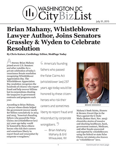 Brian Mahany, Whistleblower Lawyer Author, Joins Senators Grassley & Wyden to Celebrate Resolution