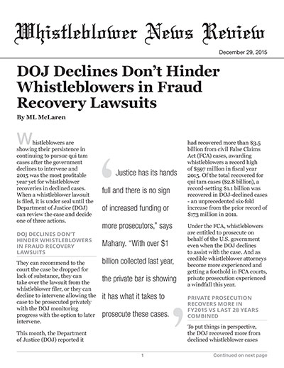 DOJ Declines Don't Hinder Whistleblowers in Fraud Recovery Lawsuits