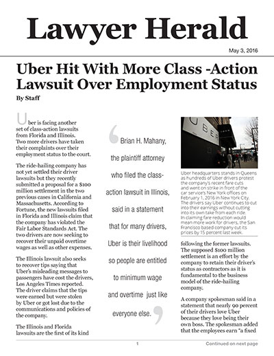 Uber Hit With More Class-Action Lawsuit Over Employment Status