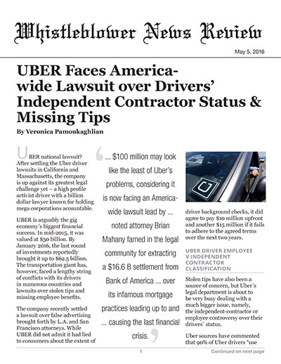 UBER Faces America-wide Lawsuit over Drivers' Independent Contractor Status & Missing Tips