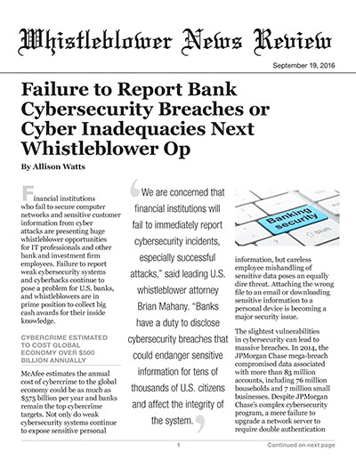 Failure to Report Bank Cybersecurity Breaches or Cyber Inadequacies Next Whistleblower Op