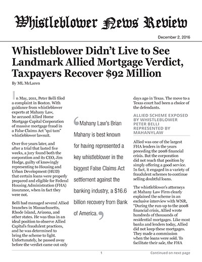 Whistleblower Didn’t Live to See Landmark Allied Mortgage Verdict, Taxpayers Recover $92 Million