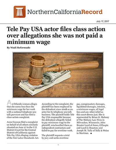 Tele Pay USA actor files class action over allegations she was not paid a minimum wage