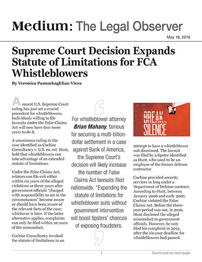 Supreme Court Decision Expands Statute of Limitations for FCA Whistleblowers