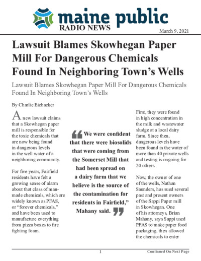 Lawsuit Blames Skowhegan Paper Mill For Dangerous Chemicals Found In Neighboring Town's Wells