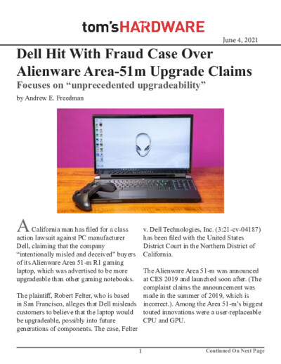 Dell Hit With Fraud Case Over Alienware Area-51m Upgrade Claims